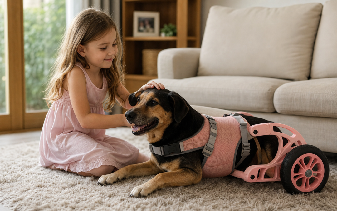 Fotografia realista e emocionante de um cachorro de porte médio deitado confortavelmente sobre um tapete macio em uma sala aconchegante, ambiente residencial iluminado por luz natural suave entrando pela janela. O cão demonstra leve dificuldade de mobilidade, utilizando uma cadeira de rodas pet personalizada, totalmente impressa em 3D com estrutura plástica premium e acabamento de alta qualidade, sem metais aparentes, rodas pretas ou coloridas, design anatômico ajustado ao corpo para máximo conforto, colete em tecido de alta costura ajustável e removível. Ao lado, uma criança pequena faz carinho delicadamente no cachorro, transmitindo afeto, cuidado e esperança. A cena deve expressar amor, apoio, inclusão e qualidade de vida, com cores suaves, profundidade de campo leve, foco no vínculo emocional entre criança e pet, estilo fotográfico natural, alta resolução, proporção 1600x1024, sem textos, sem logotipos.